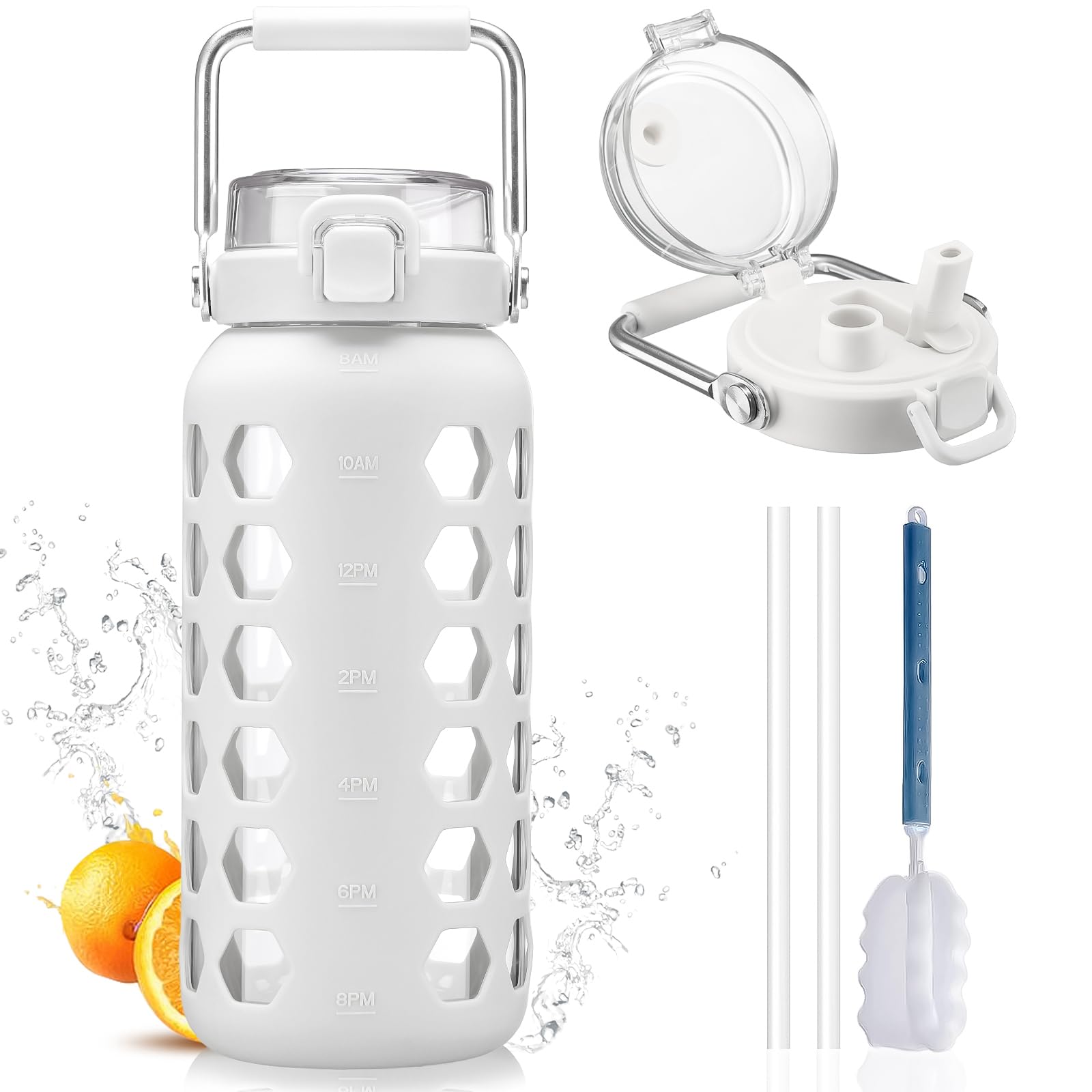 MUKOKO 64oz Glass Water Bottles with Straw and Lid,Half Gallon Water Bottle with Time Marker,Large Glass Water Jug with Silicone Sleeve and Stainless Steel Handle-Purple