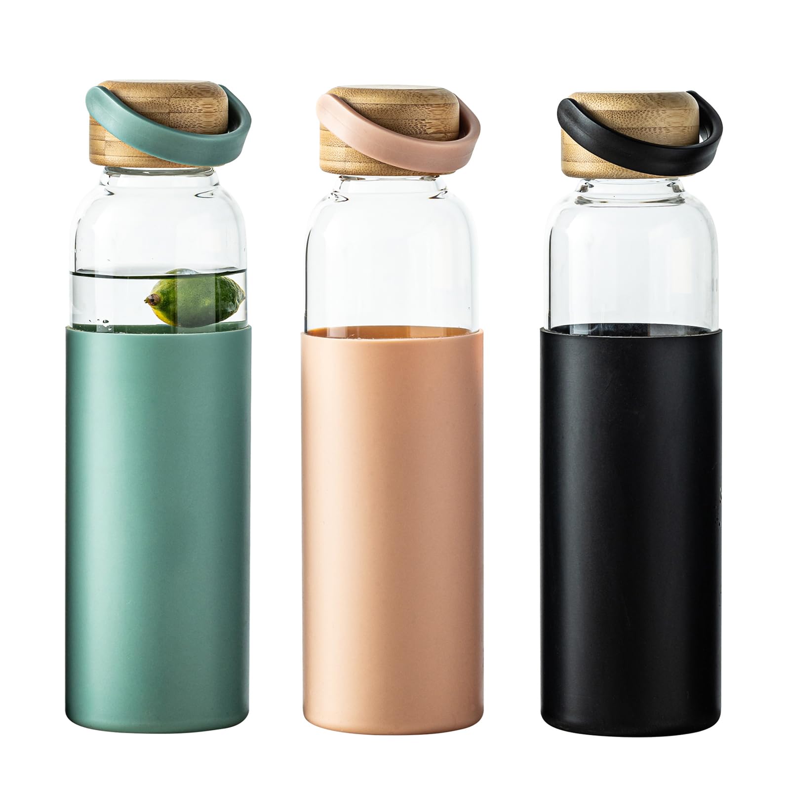 21oz Borosilicate Glass Water Bottles with Silicone Non-Slip Sleeve & Leak-Proof Lid-Reusable Drink Bottle for Office,Travel,Gym,Hiking-BPA Free,Ideal Gift for Home,Car &Fitness (Green)