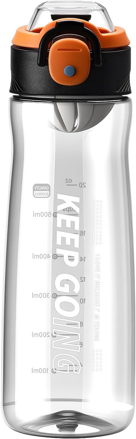 Sports Water Bottle, 27OZ Plastic Reusable Water Bottles with Measurements, Leakproof Mens Water Bottles Black for Gym, Travel, Home, Office