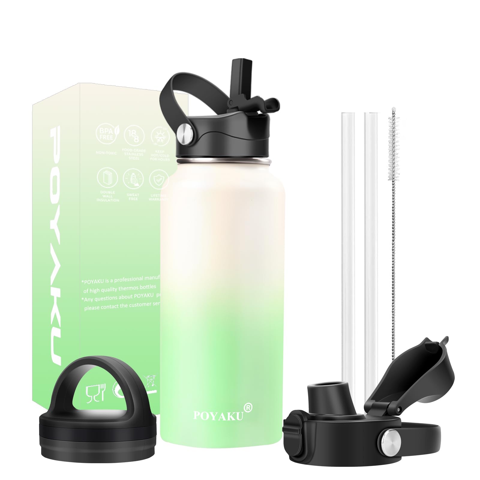 Water Bottle Insulated 32oz 40oz 64oz 128oz Straw Lid Spout Lid & 3 Lids, Leak Proof, Vacuum Insulated,Stainless Steel Water Bottle Wide Mouth for Sports, Gym or Office