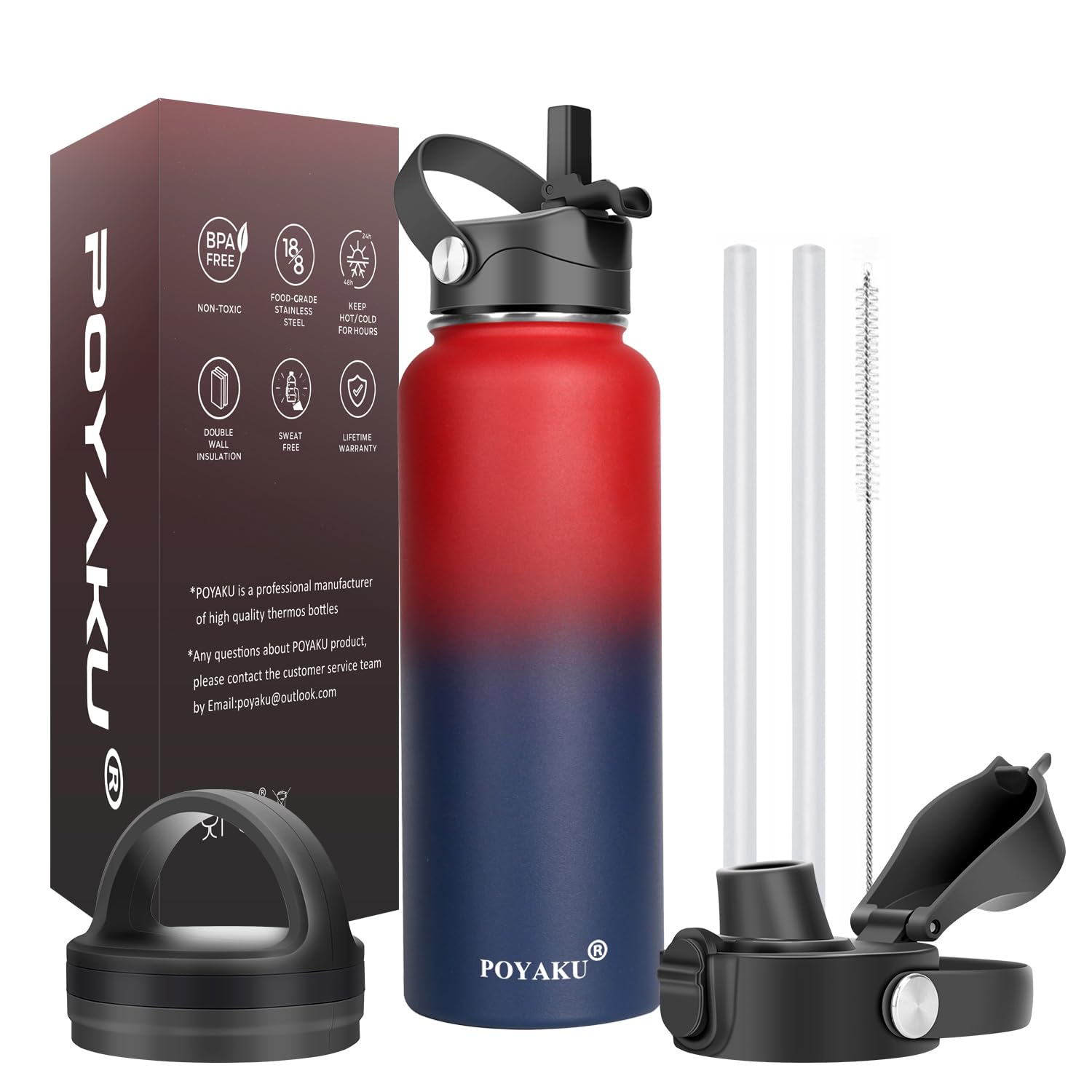 Water Bottle Insulated 32oz 40oz 64oz 128oz Straw Lid Spout Lid & 3 Lids, Leak Proof, Vacuum Insulated,Stainless Steel Water Bottle Wide Mouth for Sports, Gym or Office
