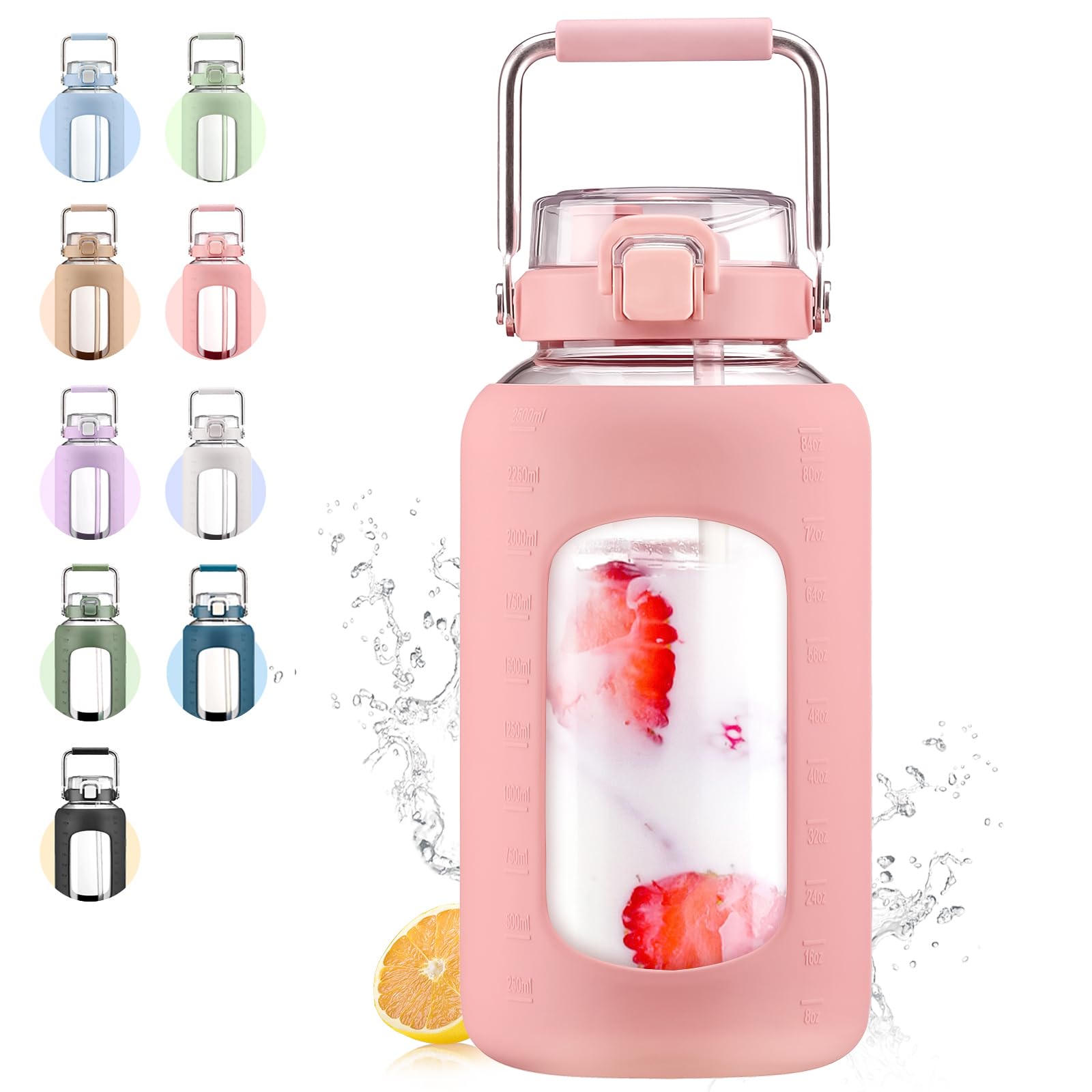 Large Glass Water Bottles with Stainless Steel Handle,100 oz Gallon Drinking Bottle with 2-in-1 Straw Lid,3 Liter Glass Water Jug with Silicone Sleeve,Wide Mouth,Light Blue