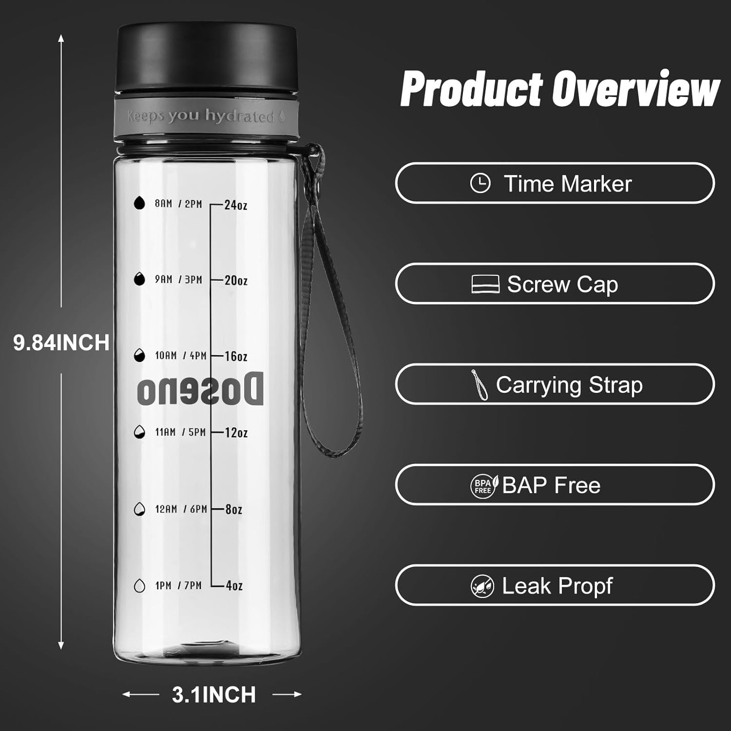 Reusable Water Bottle, 28OZ Clear Water Bottle with Time Marker, Plastic Water Bottles with Strap, Gym Water Bottles for Men, Black