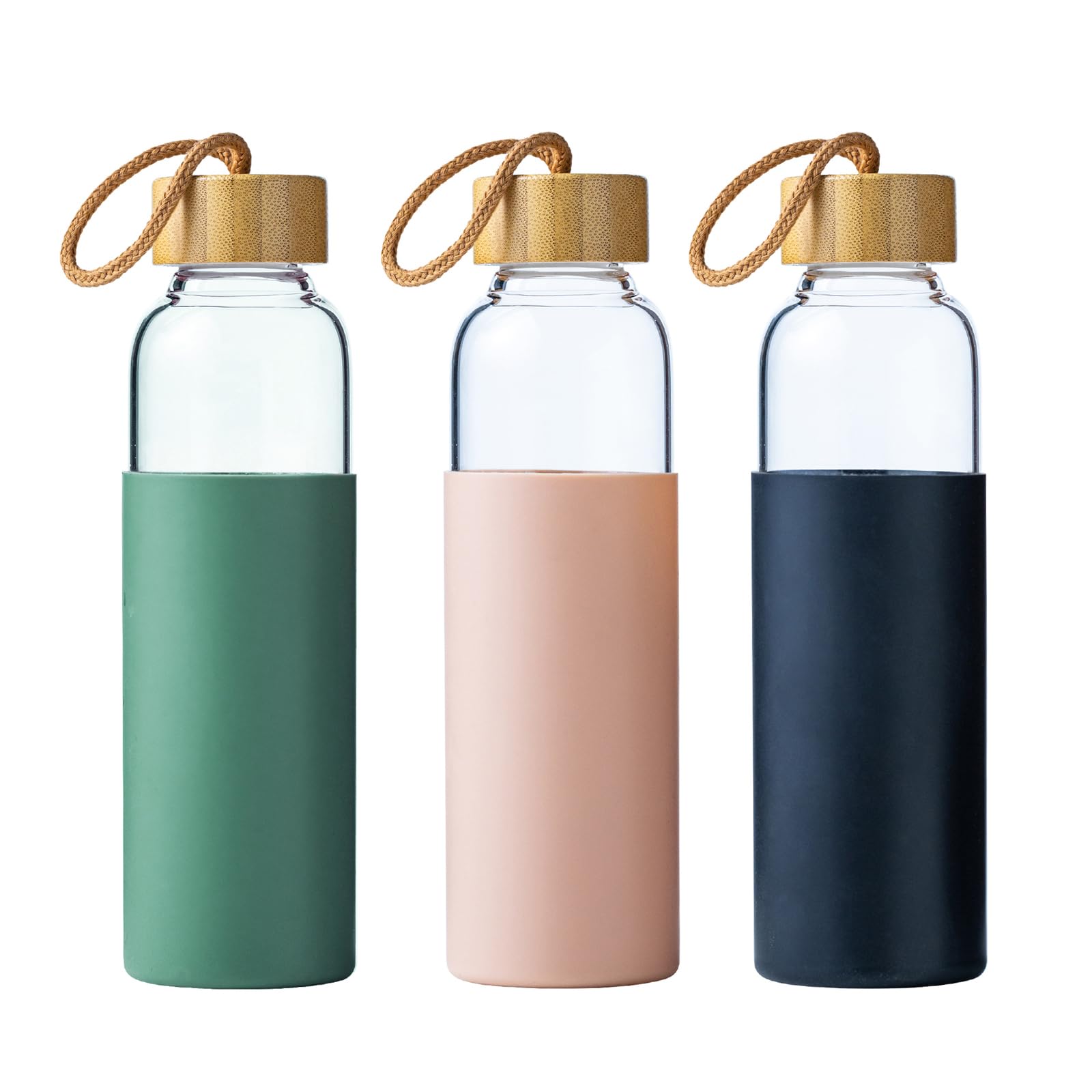 21oz Glass Water Bottle with Silicone Sleeve & Bamboo Lid, BPA Free Reusable Water Bottle Glass for Gym Office Travel, Gift for Fitness Enthusiasts (Green)