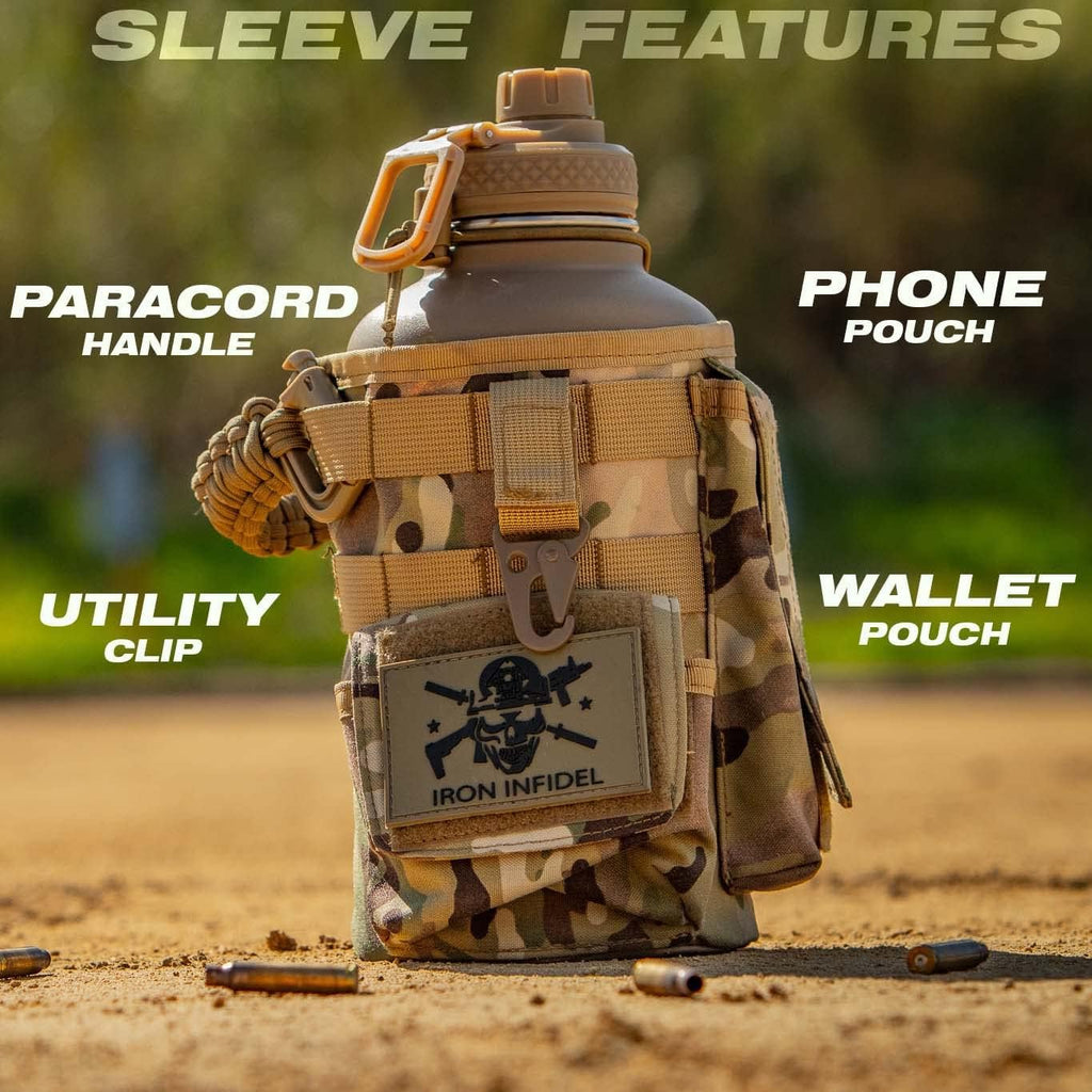 Iron Infidel Battle Bottle - Half Gallon Insulated Water Bottle with Paracord Handle - Large 64 oz Stainless Steel Water Jug & Rugged, Removable Sleeve For Keys, Wallet, Phone (OCP Camo 2 Liter)