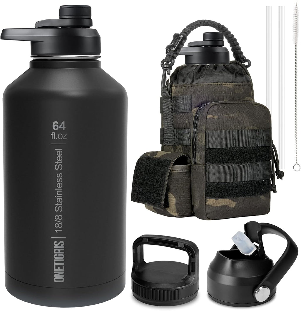 ONETIGRIS Tactical Half Gallon Water Bottle with Straw - 64 oz Vacuum Insulated Stainless Steel Water Jug, Leakproof Sport Bottle with 3 BPA Free Lids, Paracord Handle & MOLLE Water Pouch for Outdoor