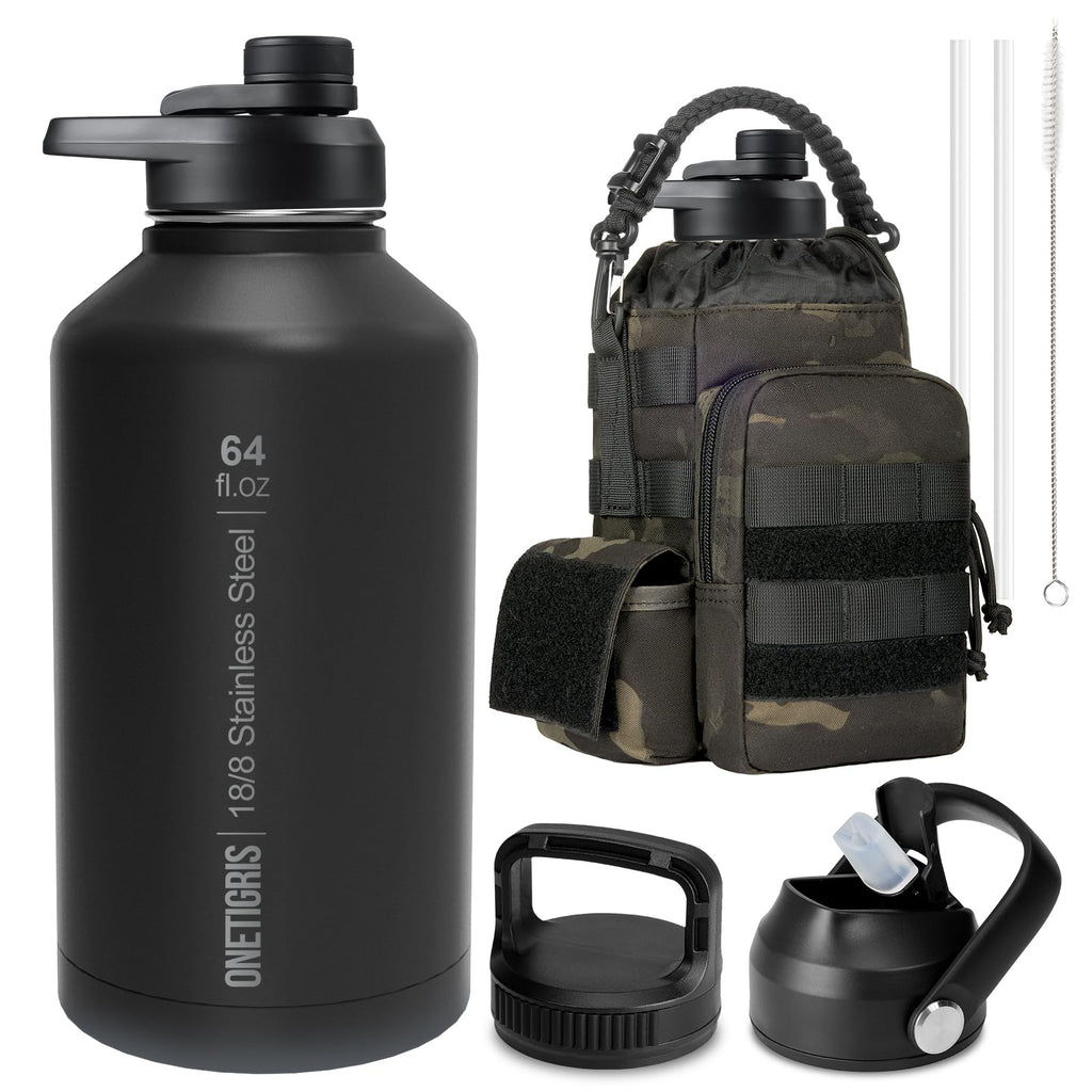 ONETIGRIS Tactical Half Gallon Water Bottle with Straw - 64 oz Vacuum Insulated Stainless Steel Water Jug, Leakproof Sport Bottle with 3 BPA Free Lids, Paracord Handle & MOLLE Water Pouch for Outdoor
