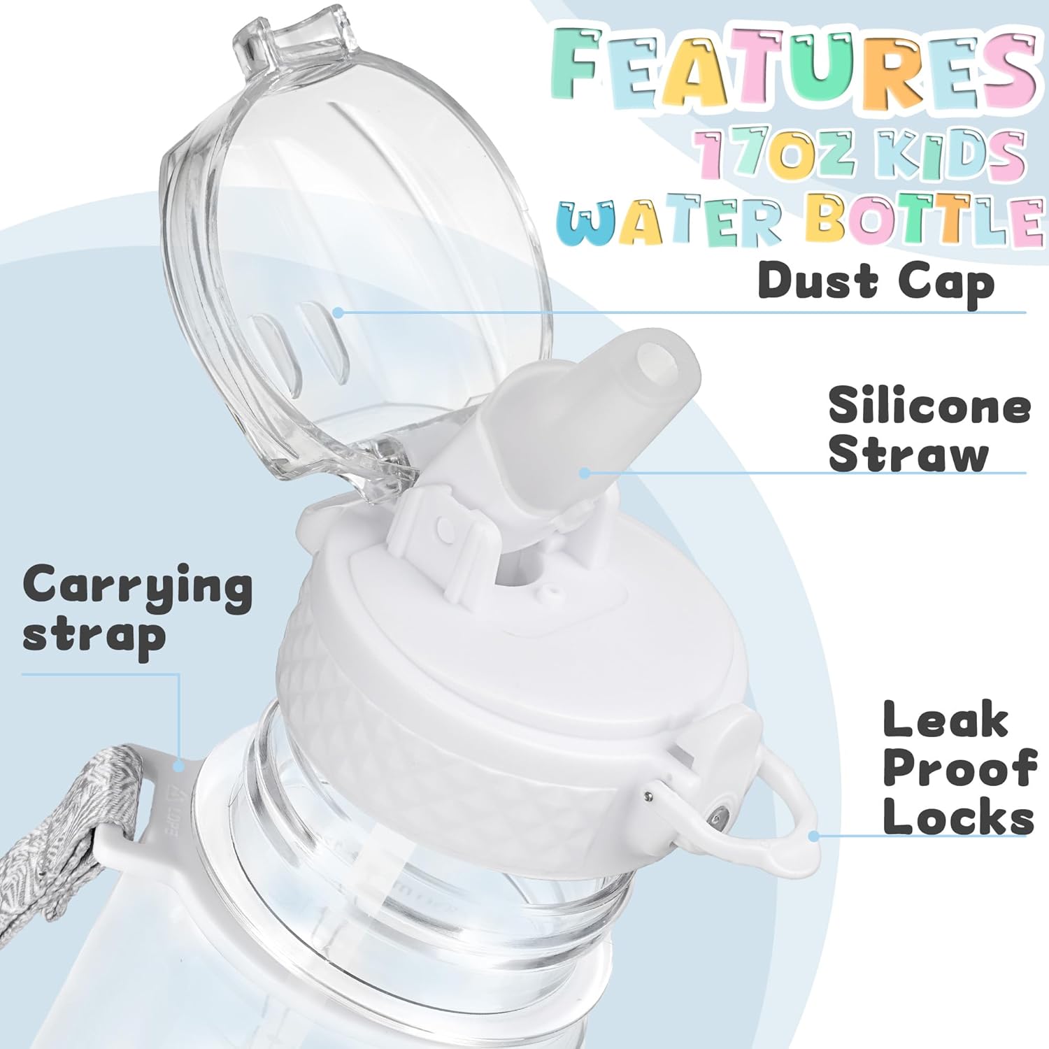 OLDLEY 17oz Kids Water Bottle for School - Motivational With Silicone Straw, Leak-Proof Tritan BPA-Free, Reusable for Girls Boys, Clear