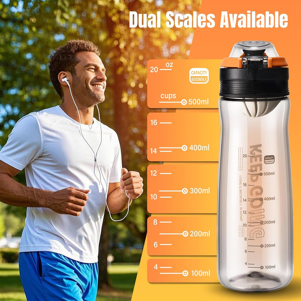 Sports Water Bottle, 27OZ Plastic Reusable Water Bottles with Measurements, Leakproof Mens Water Bottles Black for Gym, Travel, Home, Office