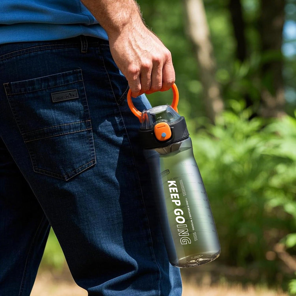 Sports Water Bottle, 27OZ Plastic Reusable Water Bottles with Measurements, Leakproof Mens Water Bottles Black for Gym, Travel, Home, Office