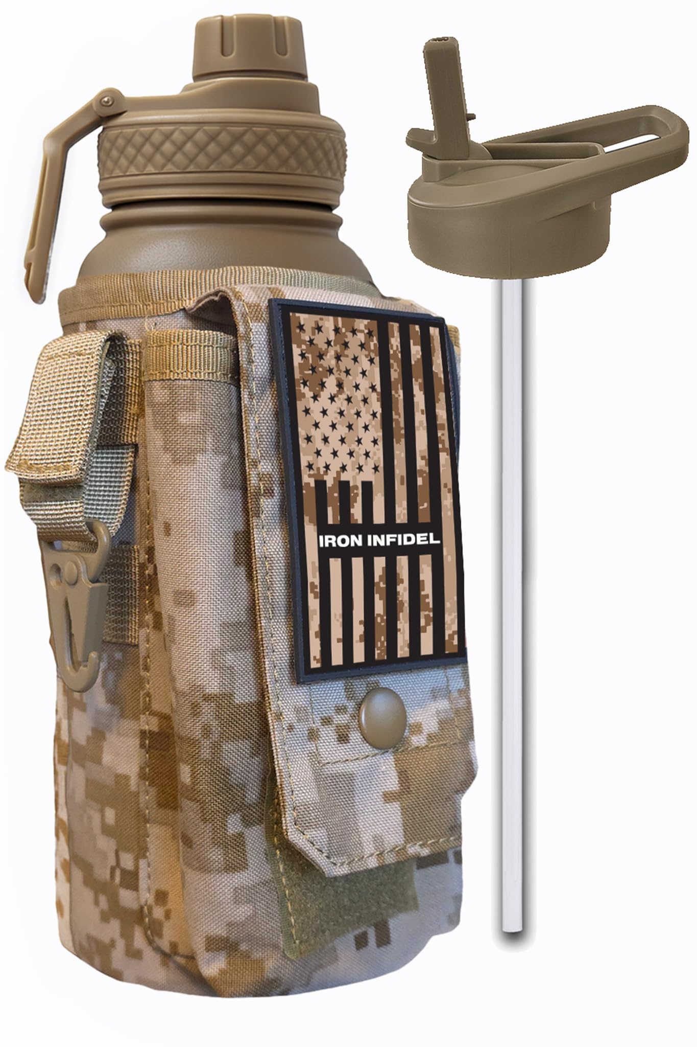 Iron Infidel Battle Bottle - One Gallon Insulated Water Bottle with Dual Carry Handles - 128 oz Tactical Stainless Steel Water Jug & Rugged Extra Large Sleeve With Storage (Betsy 128 Ounces)