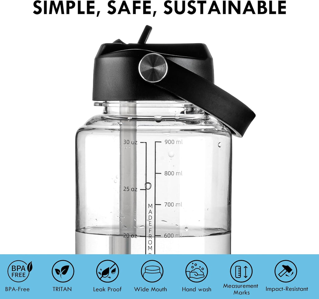 OLDLEY 32 oz Clear Water Bottle with Straw,Tritan BPA-Free, Wide Mouth, Leak Proof - for Gym, Travel, Home, School, Office (Clear)