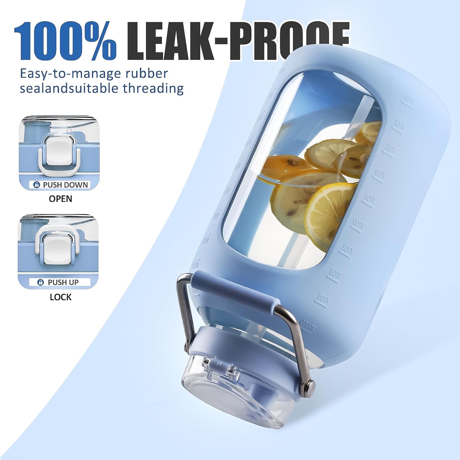 Large Glass Water Bottles with Stainless Steel Handle,100 oz Gallon Drinking Bottle with 2-in-1 Straw Lid,3 Liter Glass Water Jug with Silicone Sleeve,Wide Mouth,Light Blue