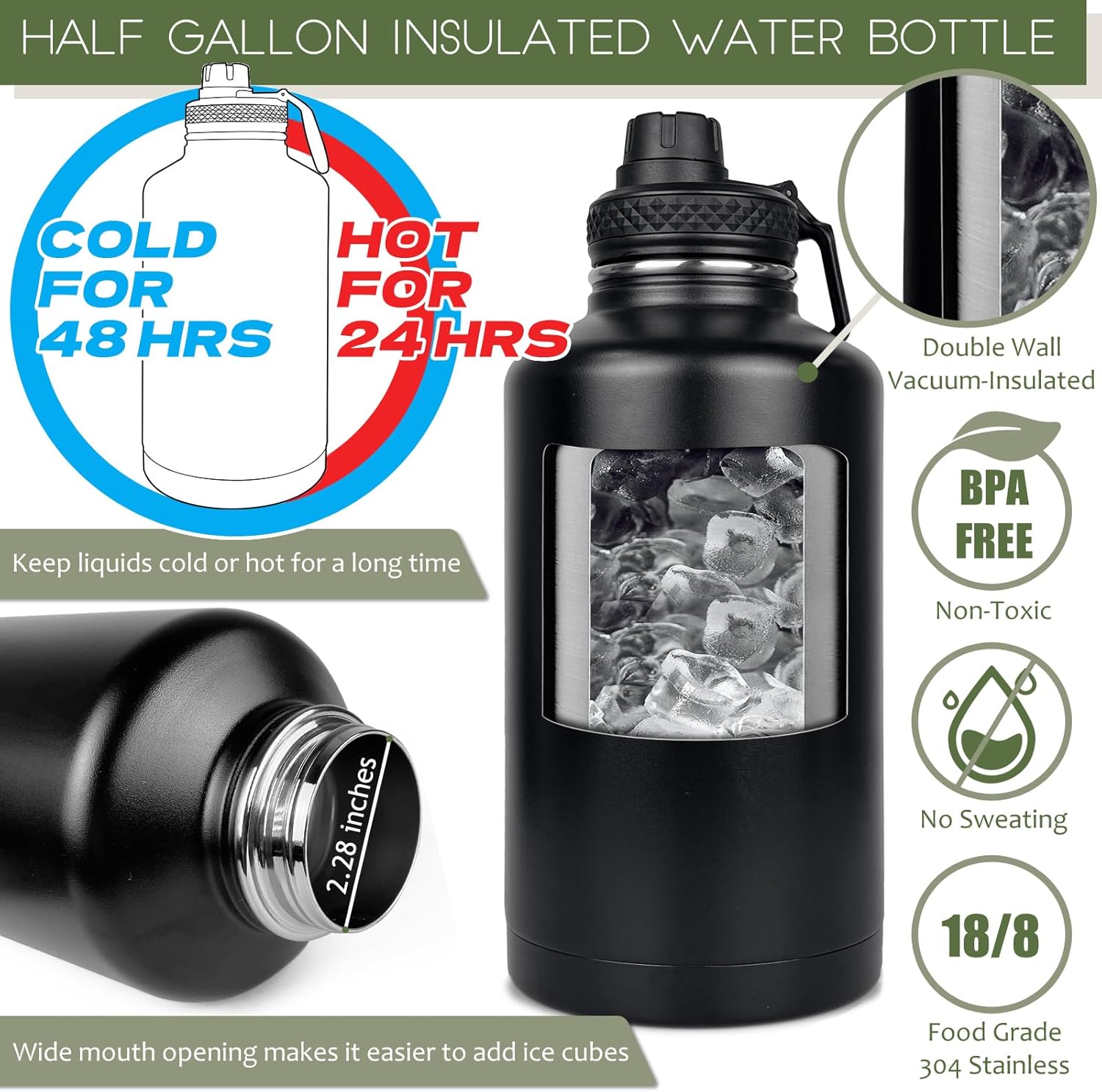 64 Oz Water Bottle with Sleeve - Half Gallon Big Insulated Water Jug with Strap Stainless Steel Gym Water Bottles for Men Sports Workout Hiking All Black