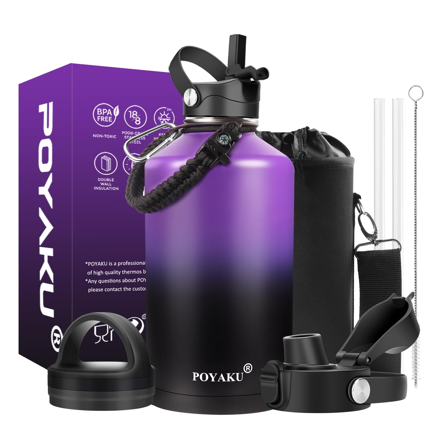 Water Bottle Insulated 32oz 40oz 64oz 128oz Straw Lid Spout Lid & 3 Lids, Leak Proof, Vacuum Insulated,Stainless Steel Water Bottle Wide Mouth for Sports, Gym or Office