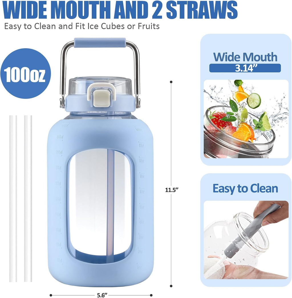 Large Glass Water Bottles with Stainless Steel Handle,100 oz Gallon Drinking Bottle with 2-in-1 Straw Lid,3 Liter Glass Water Jug with Silicone Sleeve,Wide Mouth,Light Blue