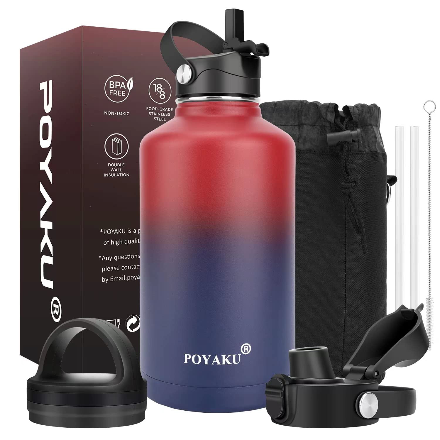 Water Bottle Insulated 32oz 40oz 64oz 128oz Straw Lid Spout Lid & 3 Lids, Leak Proof, Vacuum Insulated,Stainless Steel Water Bottle Wide Mouth for Sports, Gym or Office