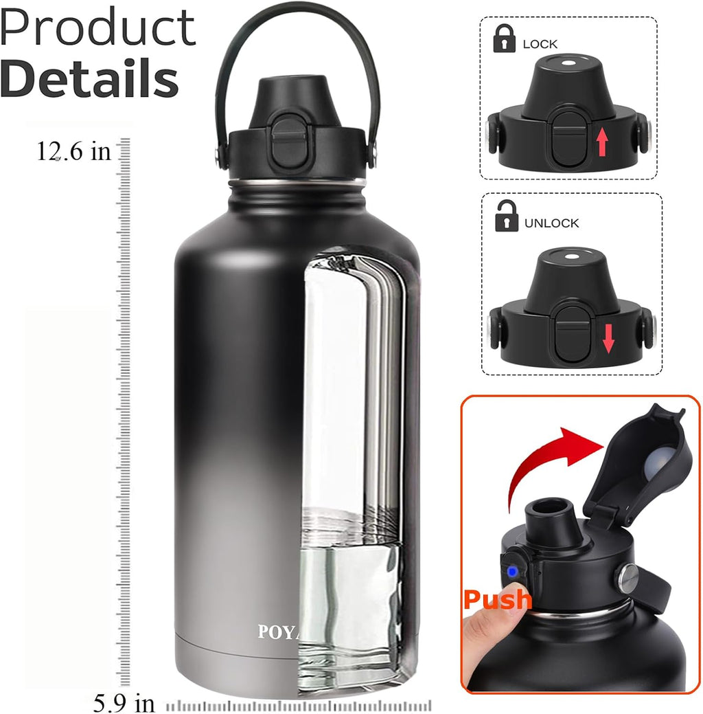 Water Bottle Insulated 32oz 40oz 64oz 128oz Straw Lid Spout Lid & 3 Lids, Leak Proof, Vacuum Insulated,Stainless Steel Water Bottle Wide Mouth for Sports, Gym or Office