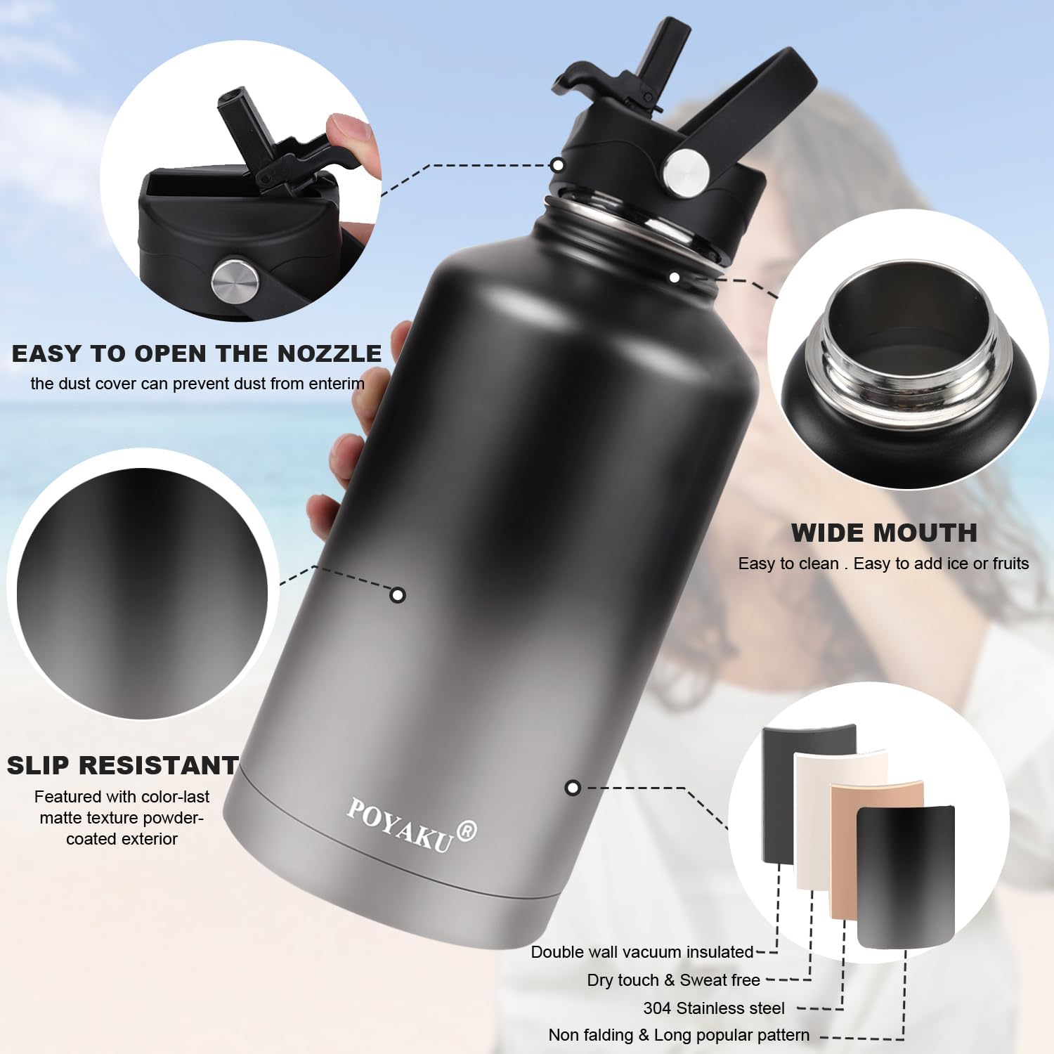 Water Bottle Insulated 32oz 40oz 64oz 128oz Straw Lid Spout Lid & 3 Lids, Leak Proof, Vacuum Insulated,Stainless Steel Water Bottle Wide Mouth for Sports, Gym or Office