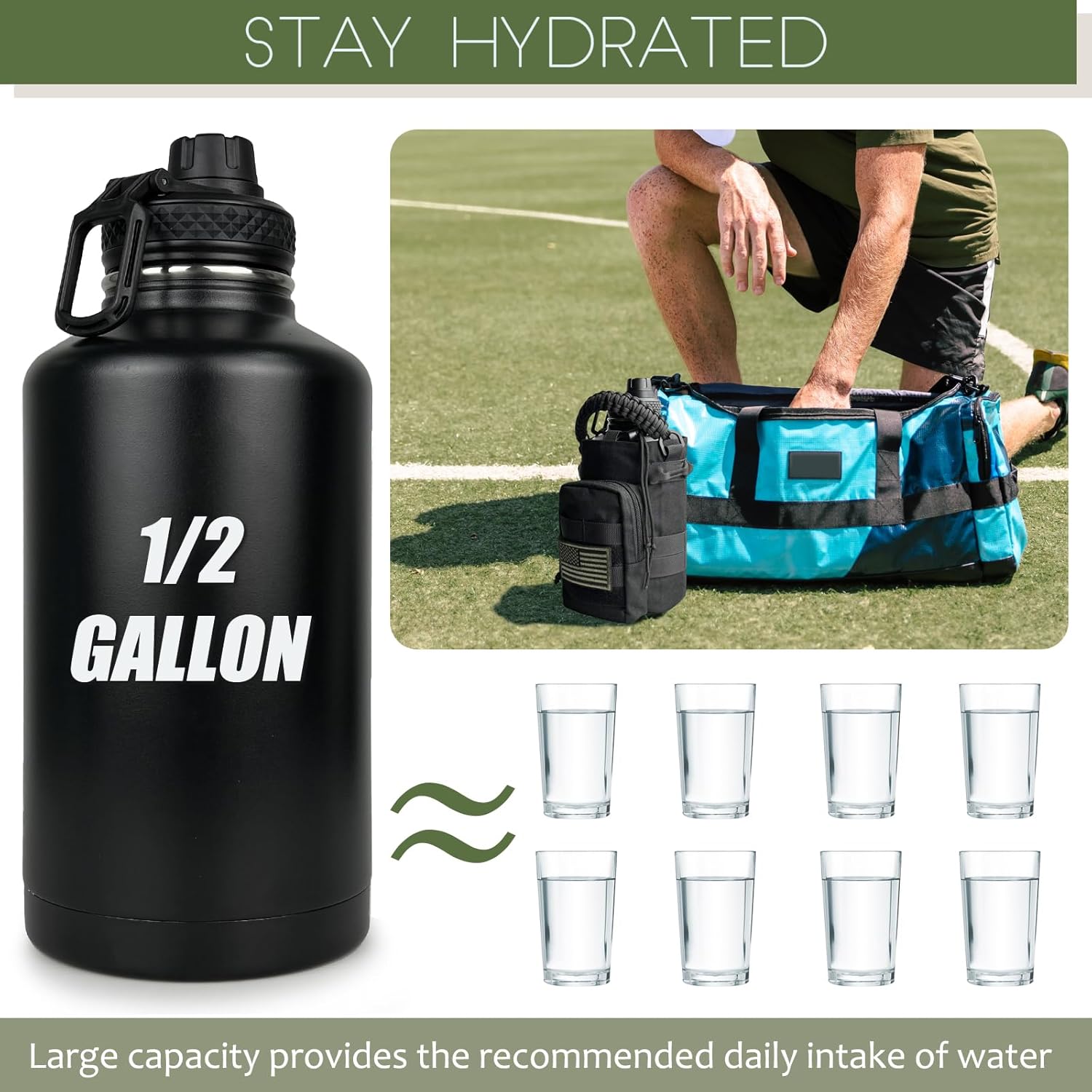 64 Oz Water Bottle with Sleeve - Half Gallon Big Insulated Water Jug with Strap Stainless Steel Gym Water Bottles for Men Sports Workout Hiking All Black