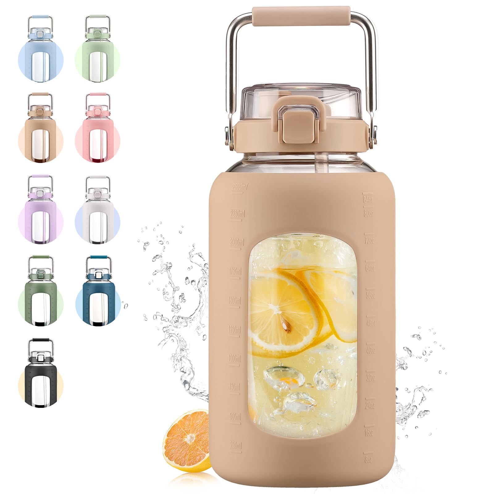 Large Glass Water Bottles with Stainless Steel Handle,100 oz Gallon Drinking Bottle with 2-in-1 Straw Lid,3 Liter Glass Water Jug with Silicone Sleeve,Wide Mouth,Light Blue