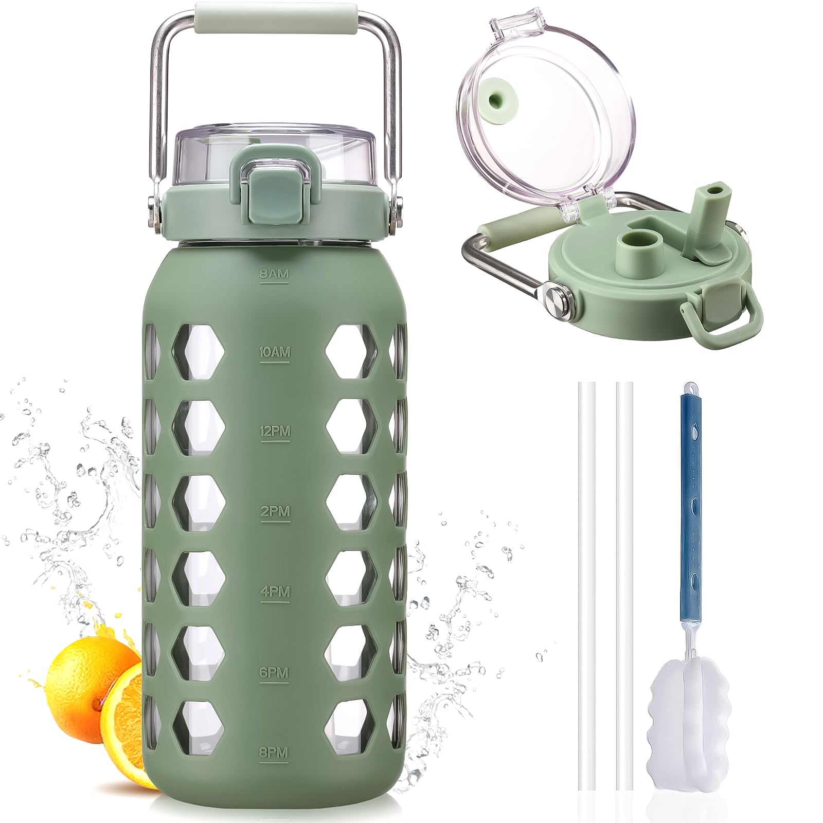 MUKOKO 64oz Glass Water Bottles with Straw and Lid,Half Gallon Water Bottle with Time Marker,Large Glass Water Jug with Silicone Sleeve and Stainless Steel Handle-Purple