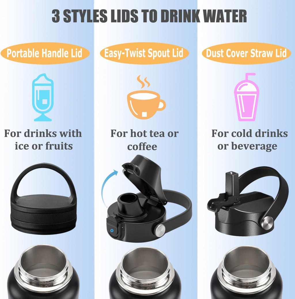 Water Bottle Insulated 32oz 40oz 64oz 128oz Straw Lid Spout Lid & 3 Lids, Leak Proof, Vacuum Insulated,Stainless Steel Water Bottle Wide Mouth for Sports, Gym or Office