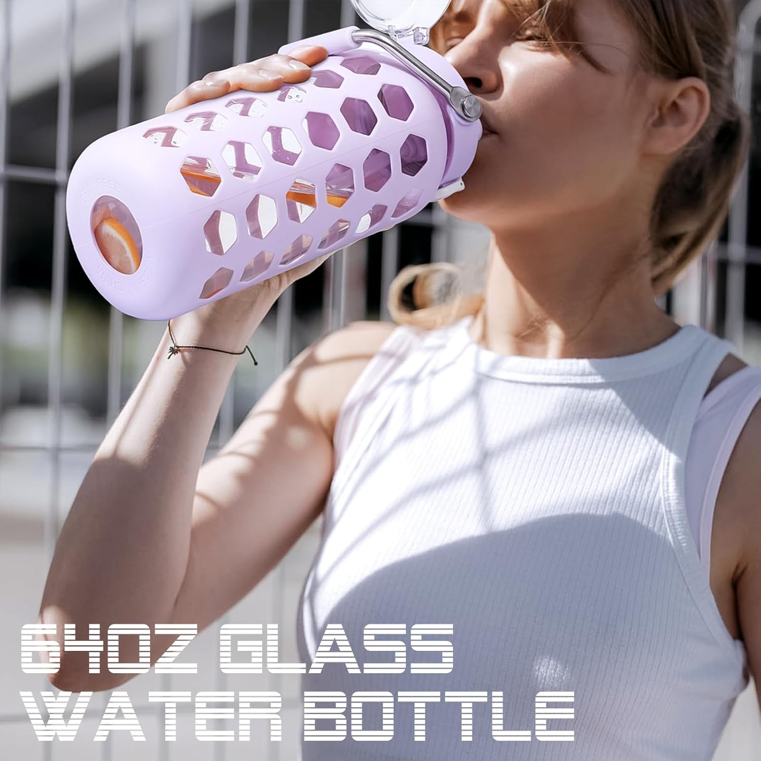 MUKOKO 64oz Glass Water Bottles with Straw and Lid,Half Gallon Water Bottle with Time Marker,Large Glass Water Jug with Silicone Sleeve and Stainless Steel Handle-Purple