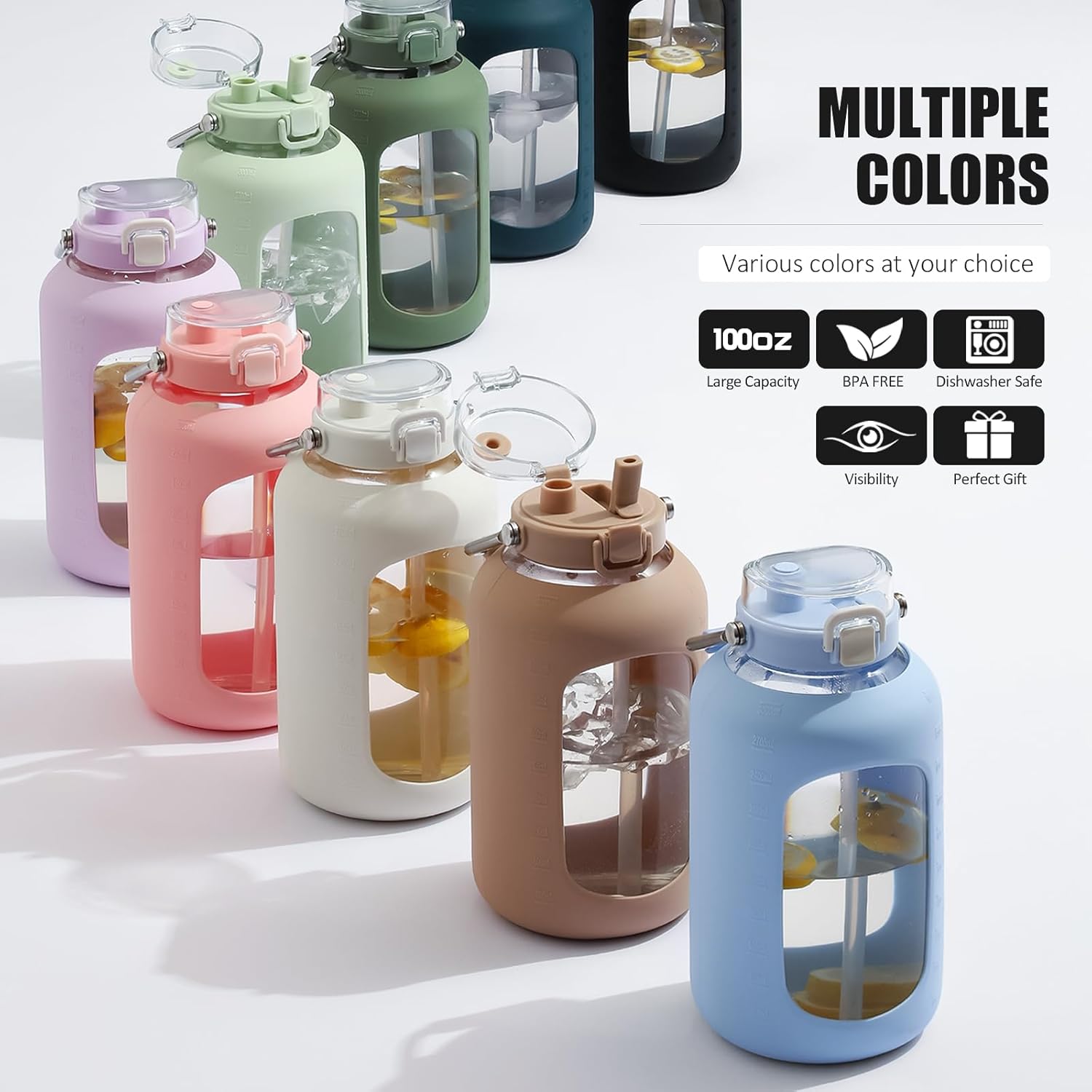 Large Glass Water Bottles with Stainless Steel Handle,100 oz Gallon Drinking Bottle with 2-in-1 Straw Lid,3 Liter Glass Water Jug with Silicone Sleeve,Wide Mouth,Light Blue