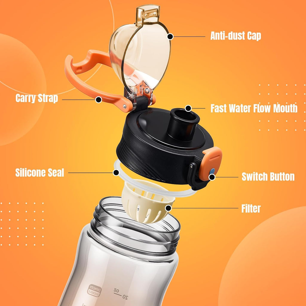 Sports Water Bottle, 27OZ Plastic Reusable Water Bottles with Measurements, Leakproof Mens Water Bottles Black for Gym, Travel, Home, Office