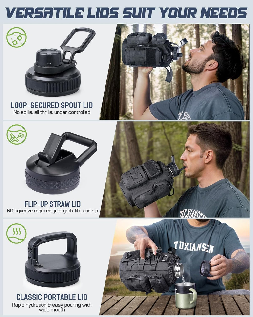 64 oz Insulated Water Bottle with Sleeve, Half Gallon Stainless Steel Tactical Water Jug Large Military Water Bottle with 3-IN-1 Pouch/3 Lids/Straw/Paracord Handle for Gym, Camping, Workout