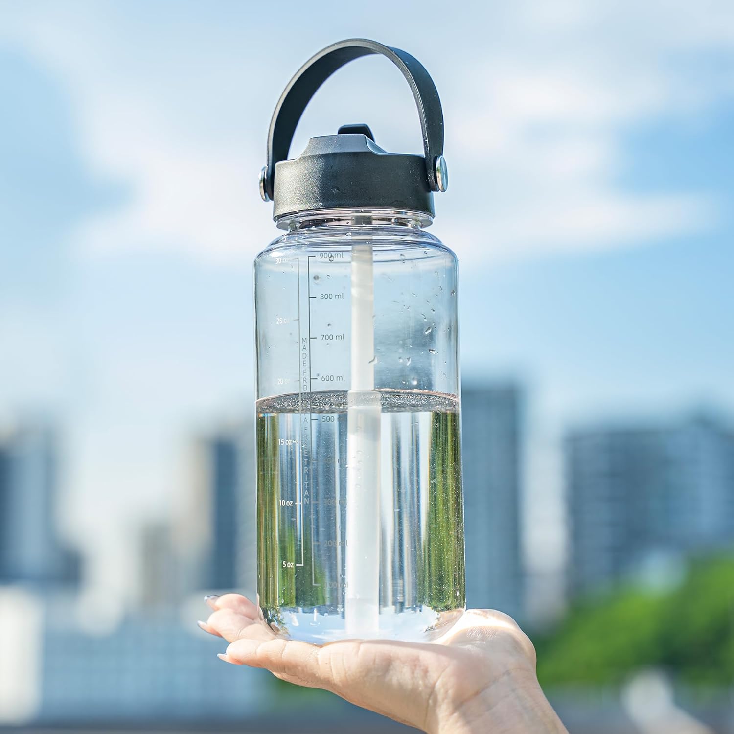 OLDLEY 32 oz Clear Water Bottle with Straw,Tritan BPA-Free, Wide Mouth, Leak Proof - for Gym, Travel, Home, School, Office (Clear)