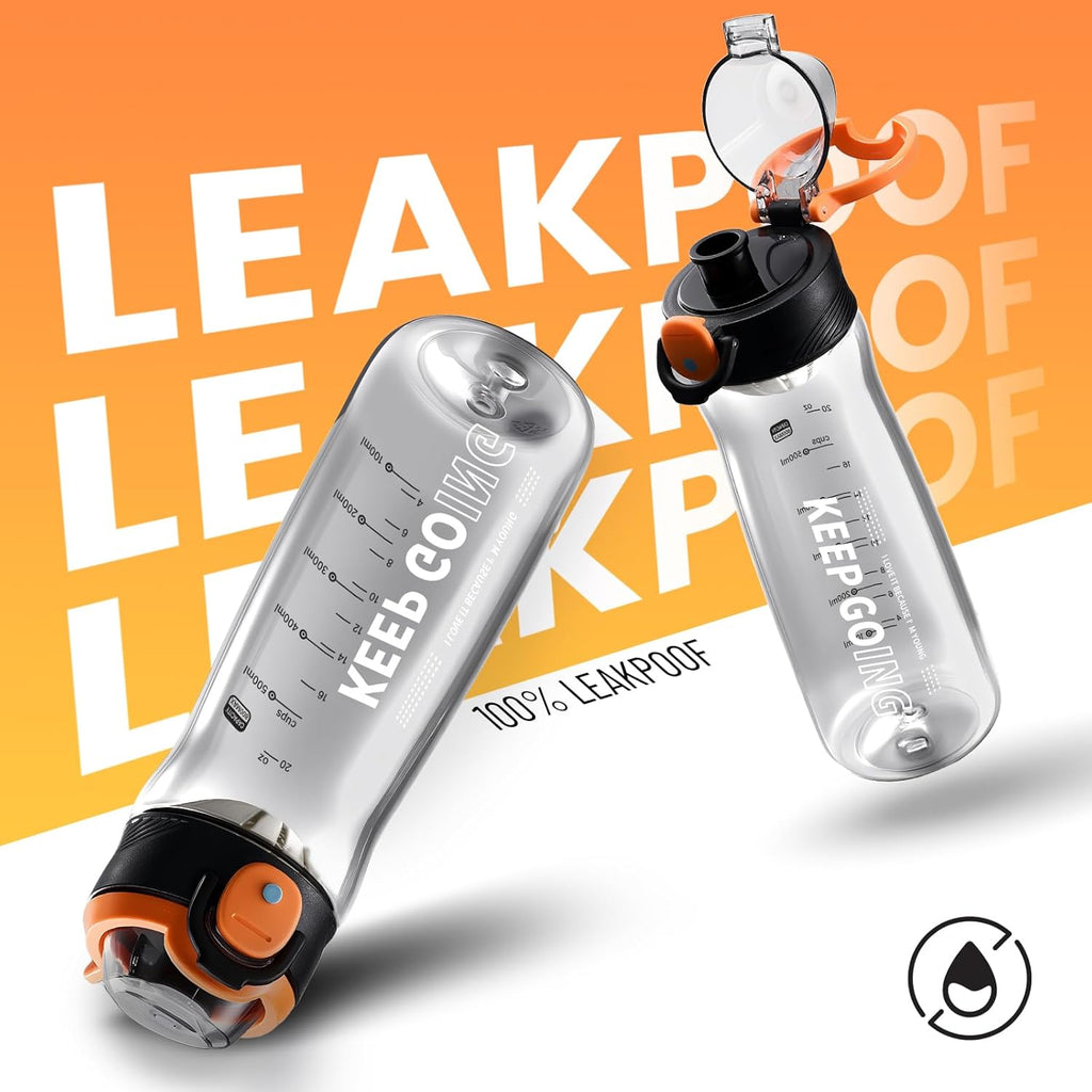 Sports Water Bottle, 27OZ Plastic Reusable Water Bottles with Measurements, Leakproof Mens Water Bottles Black for Gym, Travel, Home, Office