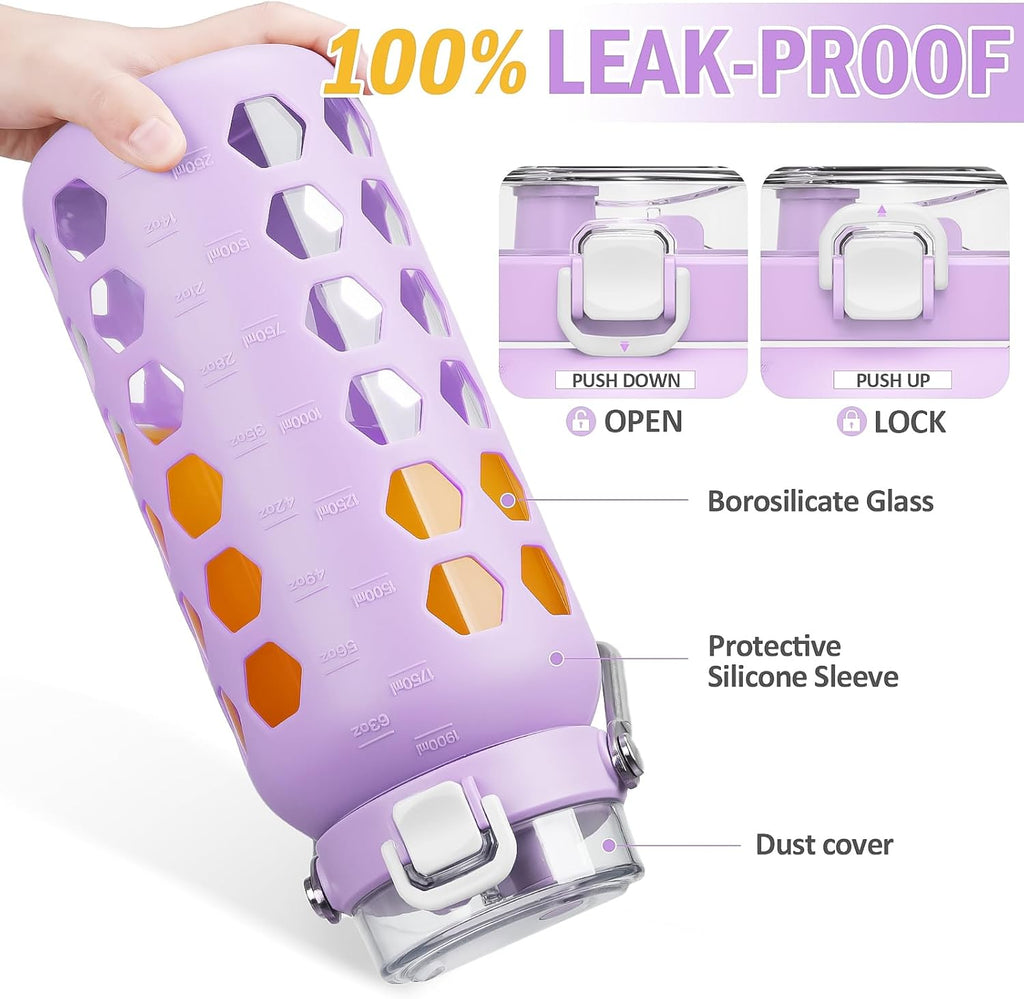 MUKOKO 64oz Glass Water Bottles with Straw and Lid,Half Gallon Water Bottle with Time Marker,Large Glass Water Jug with Silicone Sleeve and Stainless Steel Handle-Purple