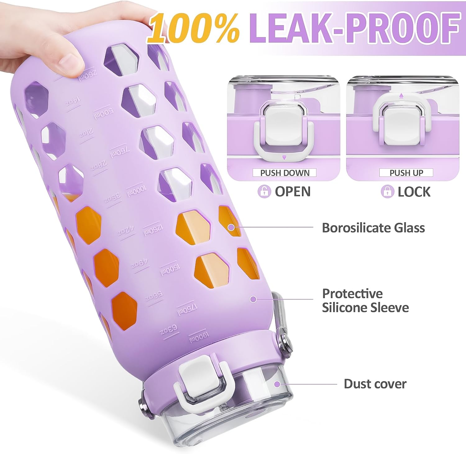 MUKOKO 64oz Glass Water Bottles with Straw and Lid,Half Gallon Water Bottle with Time Marker,Large Glass Water Jug with Silicone Sleeve and Stainless Steel Handle-Purple