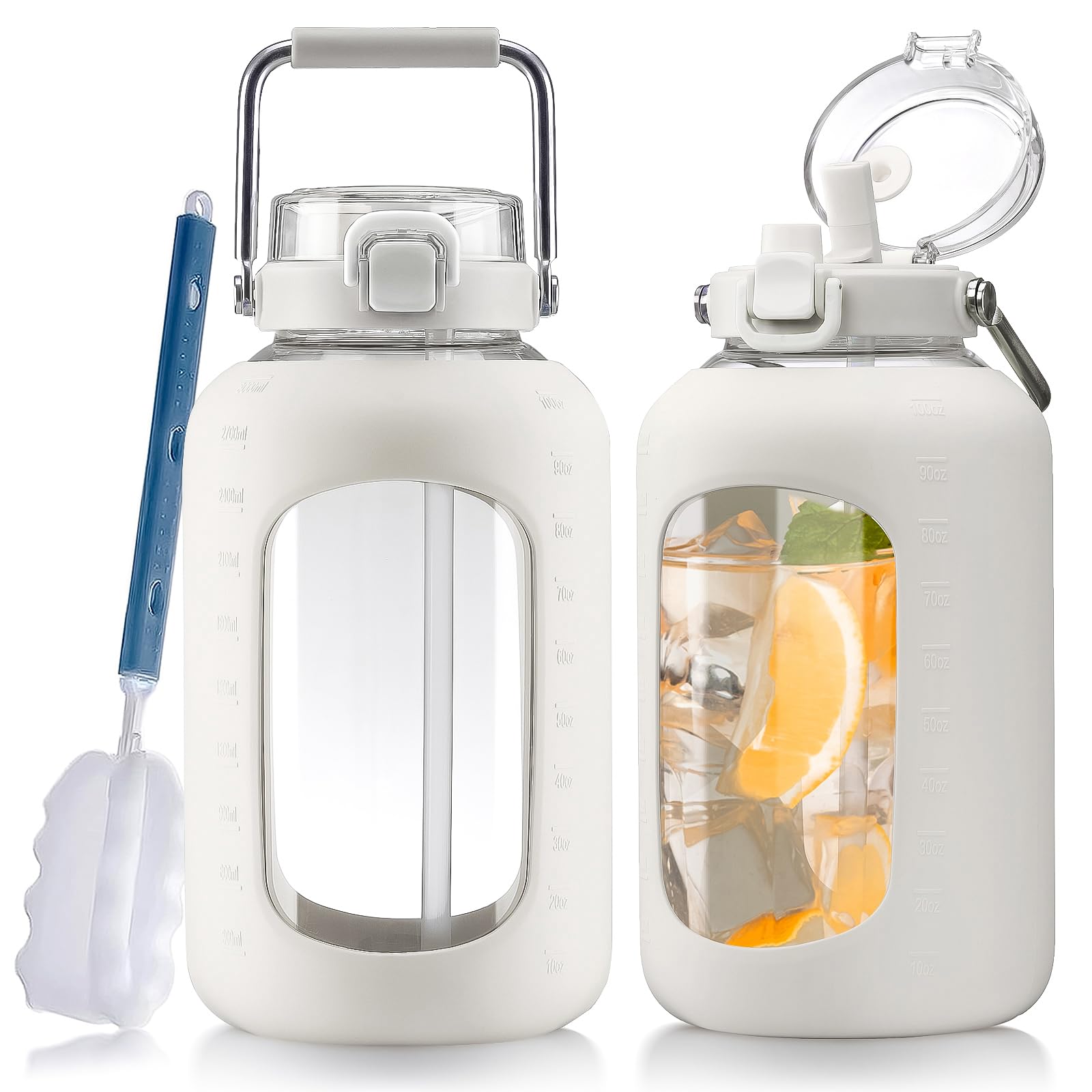 Large Glass Water Bottles with Stainless Steel Handle,100 oz Gallon Drinking Bottle with 2-in-1 Straw Lid,3 Liter Glass Water Jug with Silicone Sleeve,Wide Mouth,Light Blue