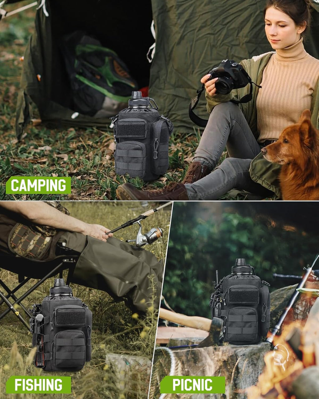 64 oz Insulated Water Bottle with Sleeve, Half Gallon Stainless Steel Tactical Water Jug Large Military Water Bottle with 3-IN-1 Pouch/3 Lids/Straw/Paracord Handle for Gym, Camping, Workout