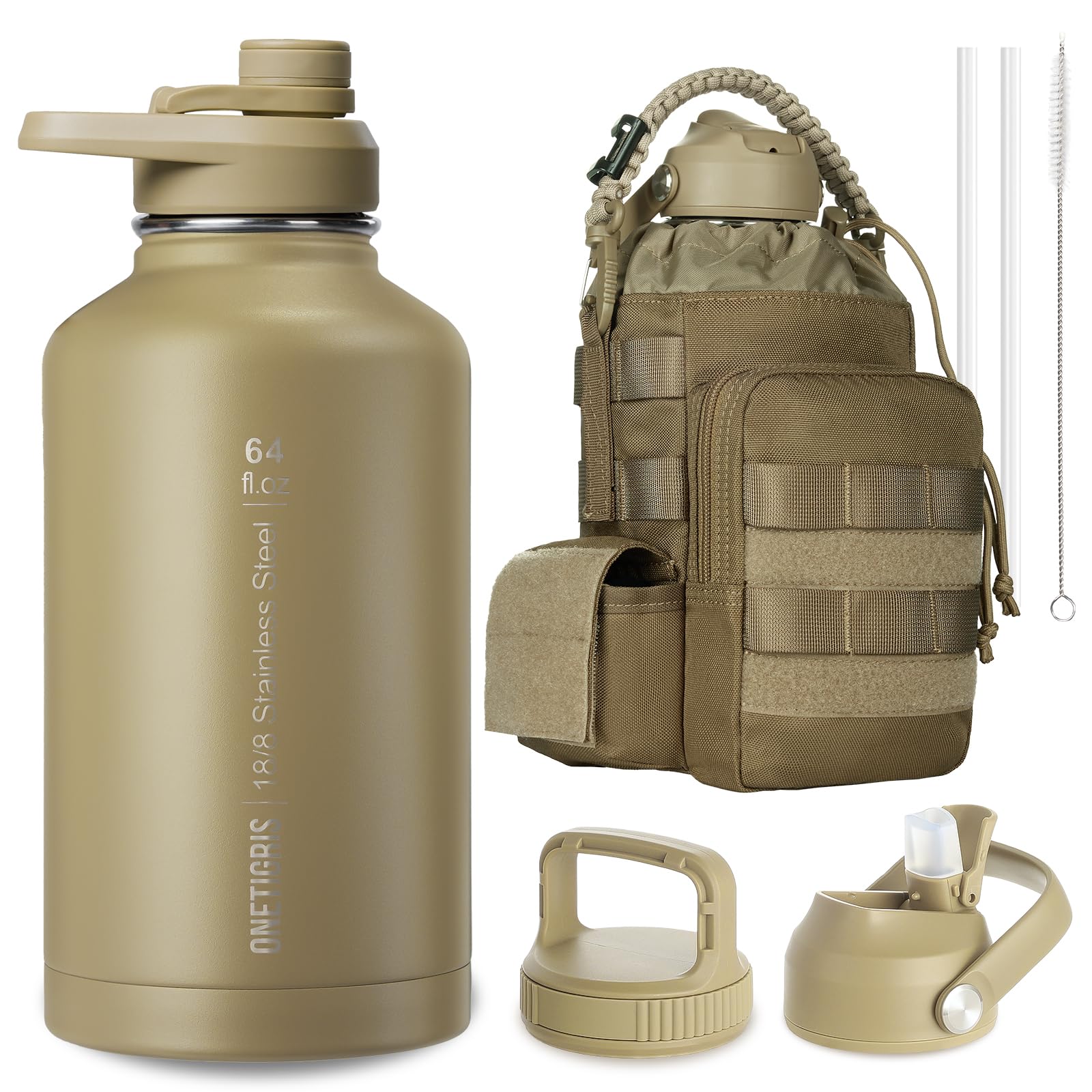 ONETIGRIS Tactical Half Gallon Water Bottle with Straw - 64 oz Vacuum Insulated Stainless Steel Water Jug, Leakproof Sport Bottle with 3 BPA Free Lids, Paracord Handle & MOLLE Water Pouch for Outdoor