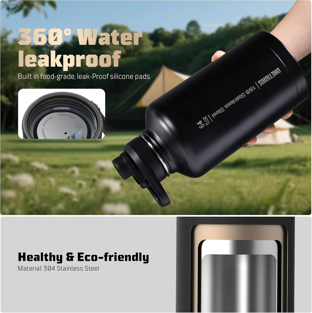 ONETIGRIS Tactical Half Gallon Water Bottle with Straw - 64 oz Vacuum Insulated Stainless Steel Water Jug, Leakproof Sport Bottle with 3 BPA Free Lids, Paracord Handle & MOLLE Water Pouch for Outdoor