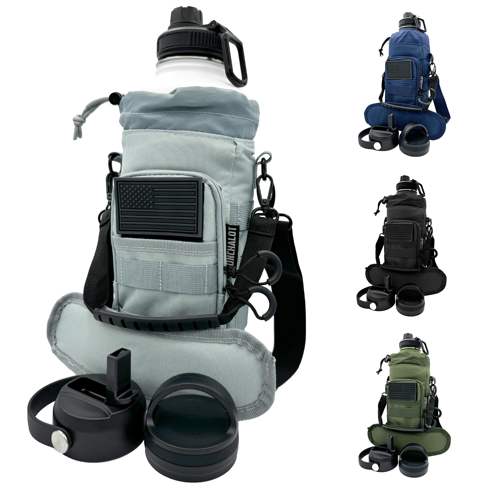 1 Gallon Water Bottle - 128 Oz Insulated Stainless Steel Metal Water Bottle with Holder - Carrying Bag - Spout Handle - Straw Lids - Keep Cold & Hot - Grey Tactical Flask