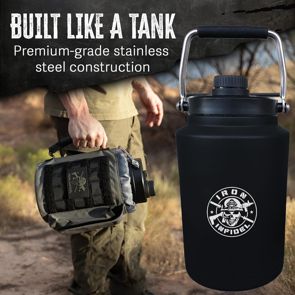Iron Infidel Battle Bottle - One Gallon Insulated Water Bottle with Dual Carry Handles - 128 oz Tactical Stainless Steel Water Jug & Rugged Extra Large Sleeve With Storage (Betsy 128 Ounces)