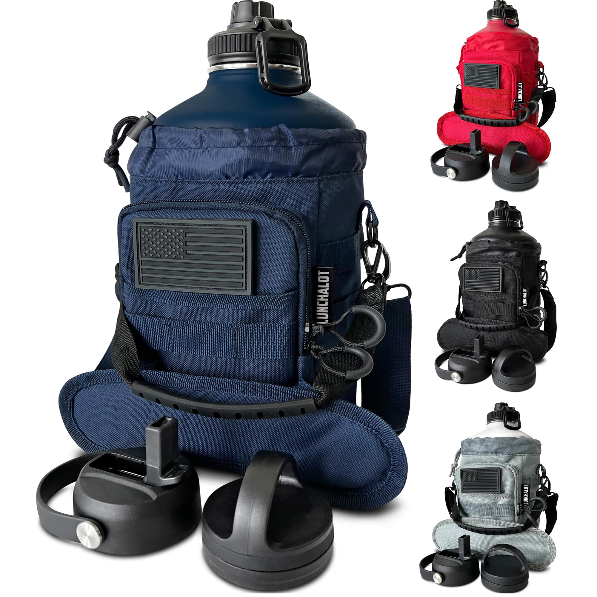 1 Gallon Water Bottle - 128 Oz Insulated Stainless Steel Metal Water Bottle with Holder - Carrying Bag - Spout Handle - Straw Lids - Keep Cold & Hot - Grey Tactical Flask