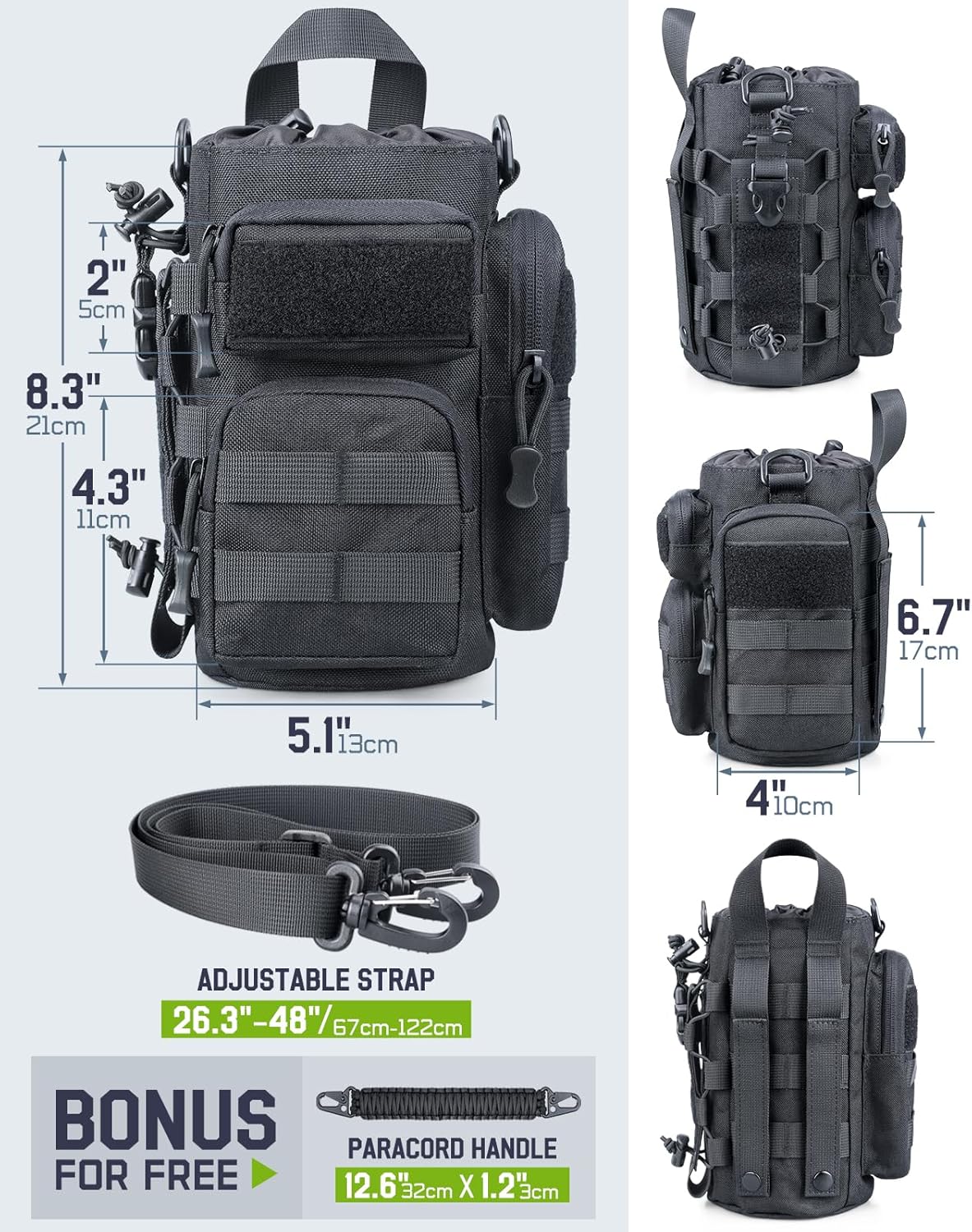 64 oz Insulated Water Bottle with Sleeve, Half Gallon Stainless Steel Tactical Water Jug Large Military Water Bottle with 3-IN-1 Pouch/3 Lids/Straw/Paracord Handle for Gym, Camping, Workout