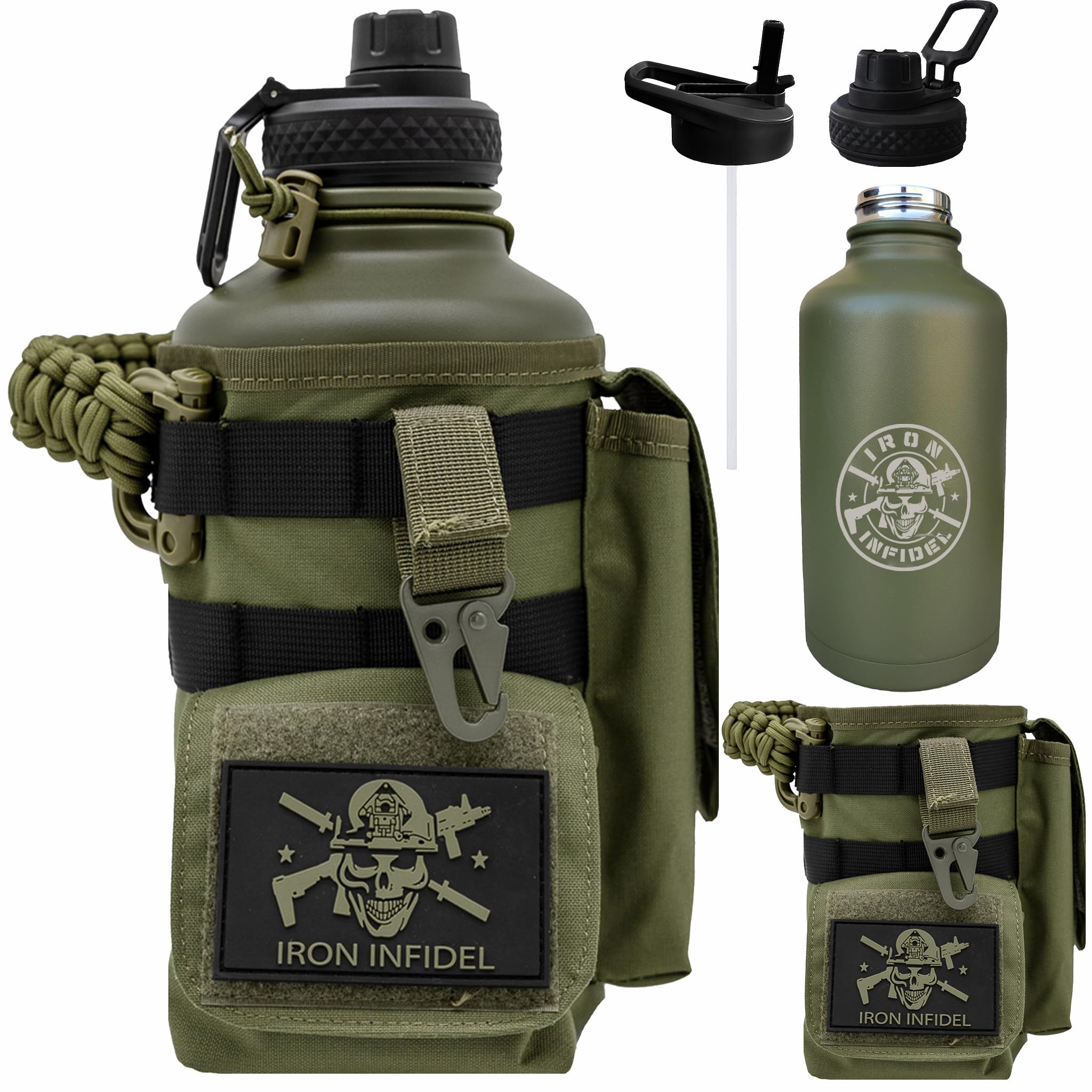 Iron Infidel Battle Bottle - One Gallon Insulated Water Bottle with Dual Carry Handles - 128 oz Tactical Stainless Steel Water Jug & Rugged Extra Large Sleeve With Storage (Betsy 128 Ounces)