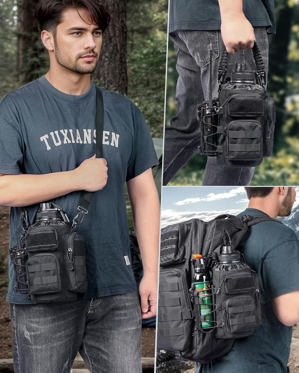 64 oz Insulated Water Bottle with Sleeve, Half Gallon Stainless Steel Tactical Water Jug Large Military Water Bottle with 3-IN-1 Pouch/3 Lids/Straw/Paracord Handle for Gym, Camping, Workout