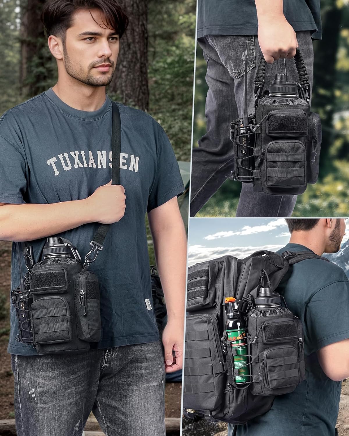 64 oz Insulated Water Bottle with Sleeve, Half Gallon Stainless Steel Tactical Water Jug Large Military Water Bottle with 3-IN-1 Pouch/3 Lids/Straw/Paracord Handle for Gym, Camping, Workout