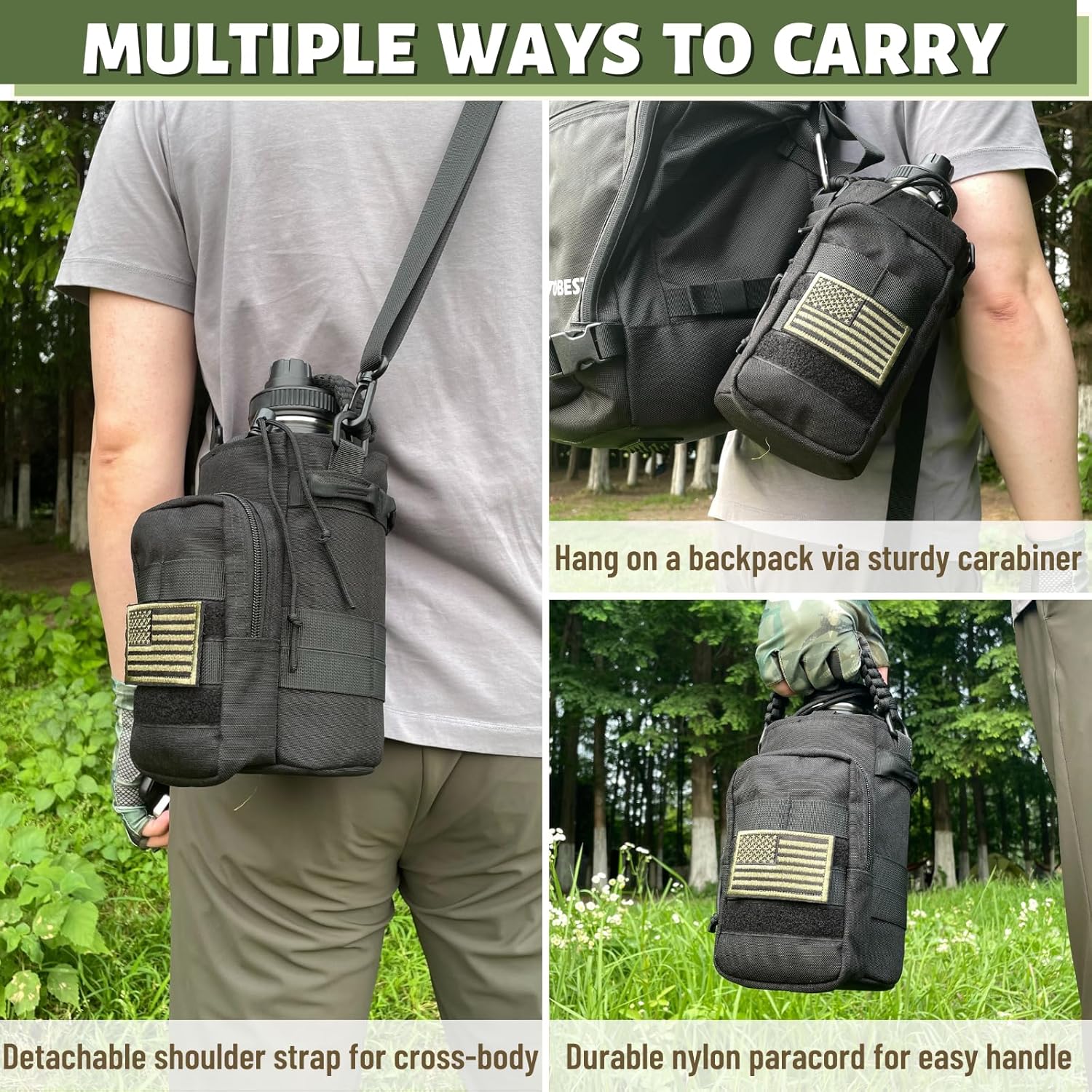 64 Oz Water Bottle with Sleeve - Half Gallon Big Insulated Water Jug with Strap Stainless Steel Gym Water Bottles for Men Sports Workout Hiking All Black