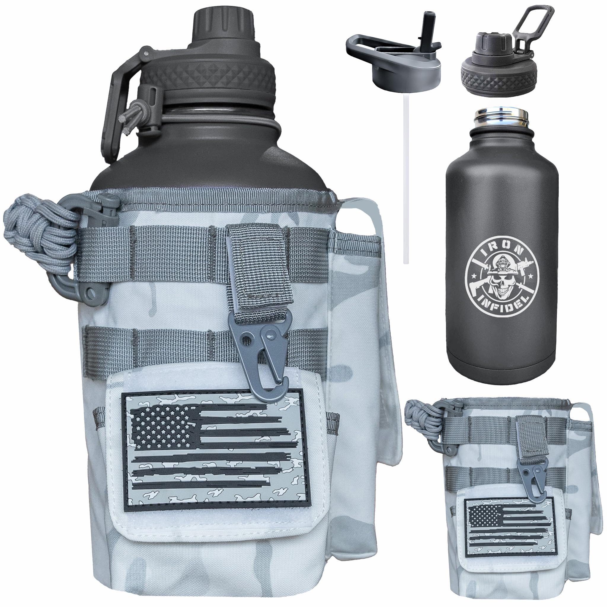 Iron Infidel Battle Bottle - Half Gallon Insulated Water Bottle with Paracord Handle - Large 64 oz Stainless Steel Water Jug & Rugged, Removable Sleeve For Keys, Wallet, Phone (OCP Camo 2 Liter)