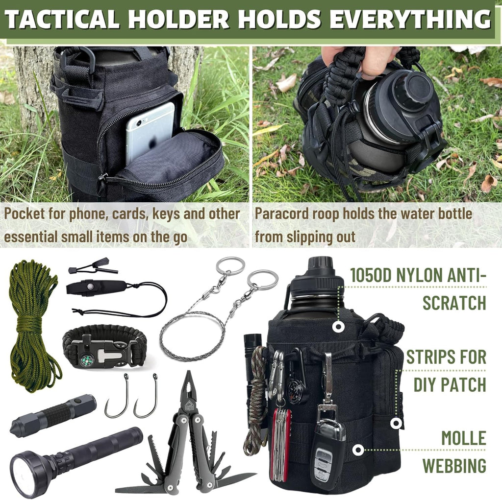 64 Oz Water Bottle with Sleeve - Half Gallon Big Insulated Water Jug with Strap Stainless Steel Gym Water Bottles for Men Sports Workout Hiking All Black