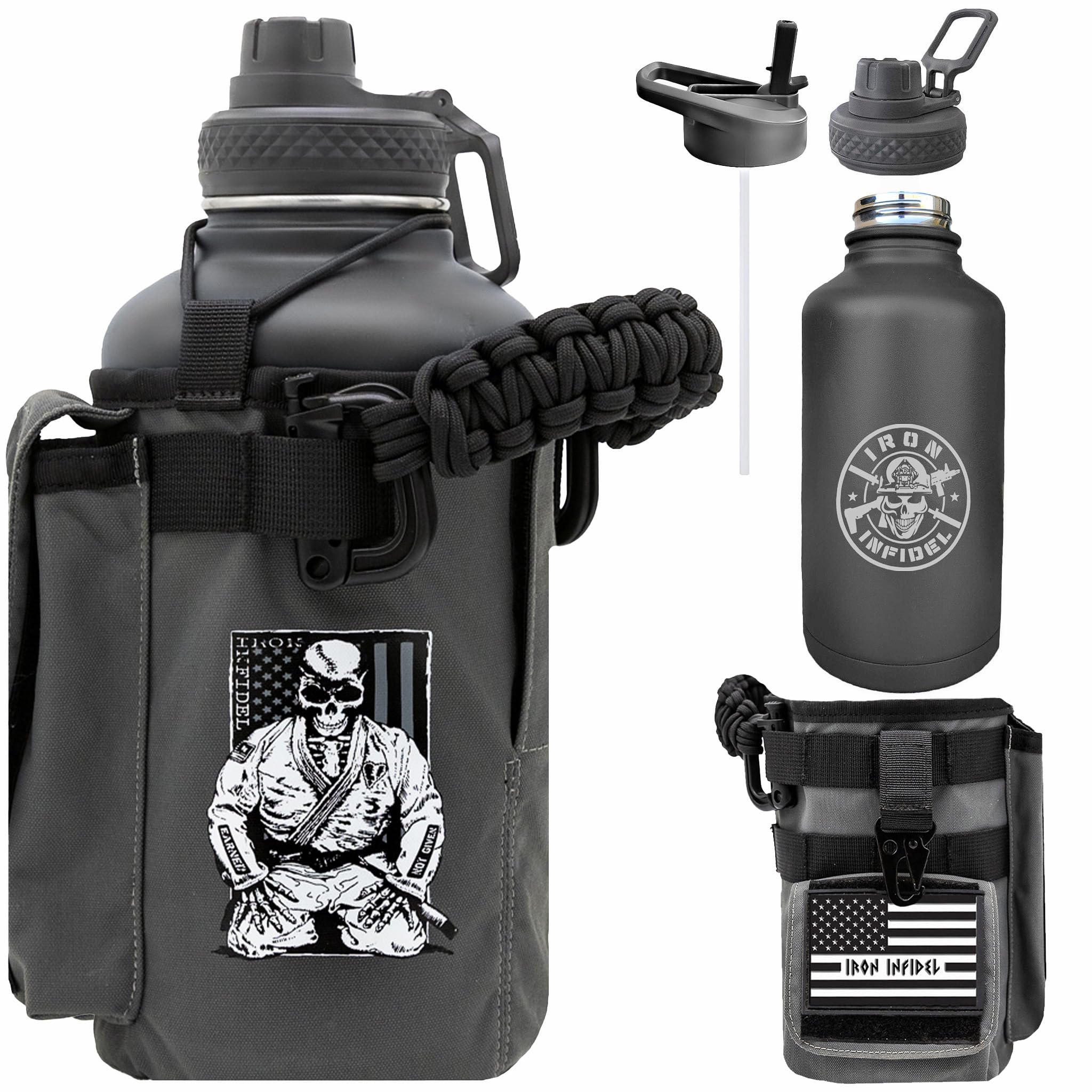 Iron Infidel Battle Bottle - Half Gallon Insulated Water Bottle with Paracord Handle - Large 64 oz Stainless Steel Water Jug & Rugged, Removable Sleeve For Keys, Wallet, Phone (OCP Camo 2 Liter)